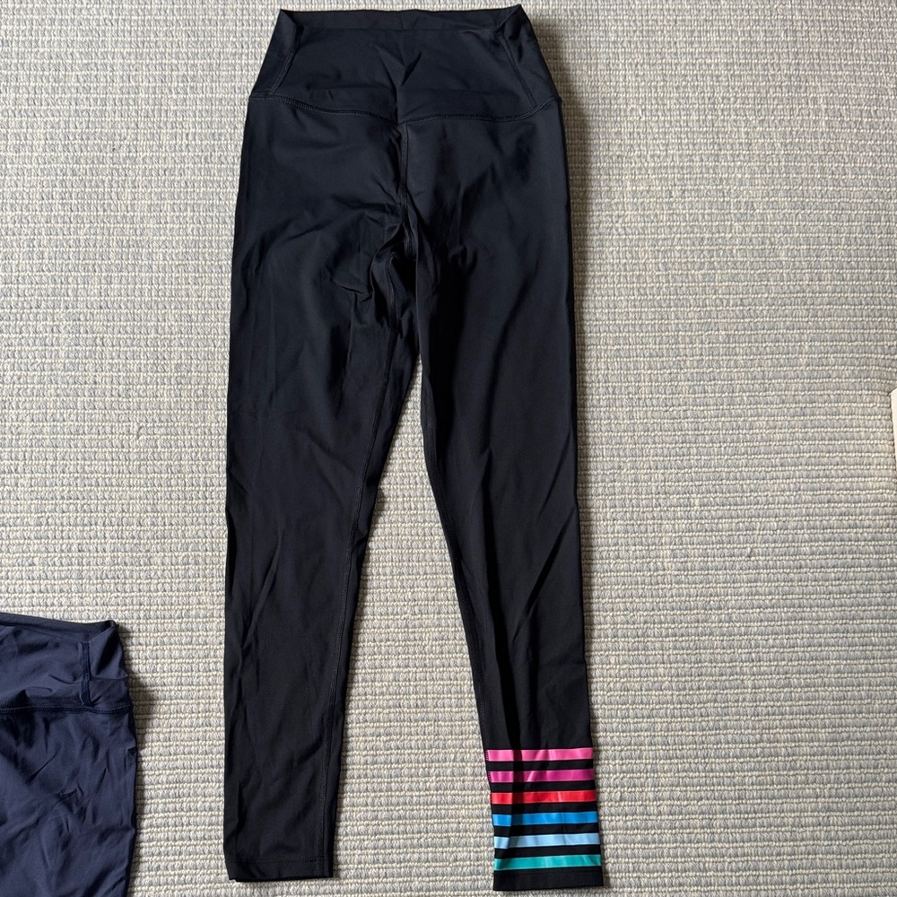 Addison Bay Black Leggings with Pink & Blue Hem Stripes